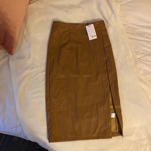 Faux Leather Tan Pencil Skirt with Slit